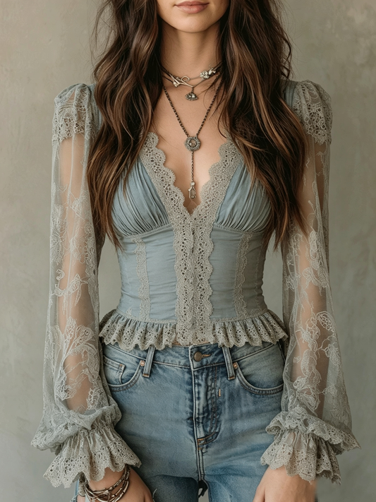 Light Blue Lace Trim Corset Blouse