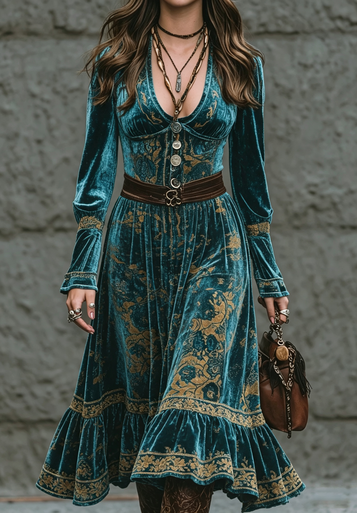Teal Gold Velvet Midi Dress