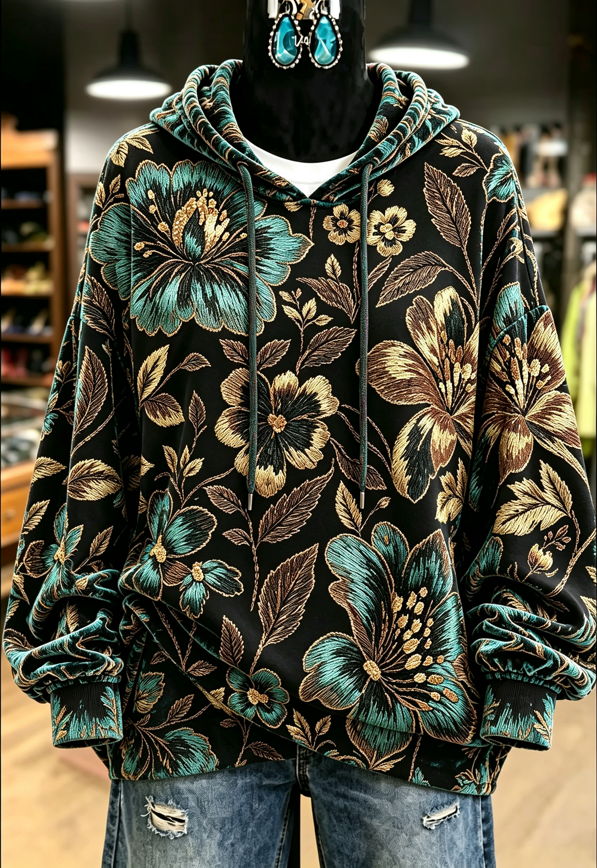 Black Gold Floral Velvet Hoodie