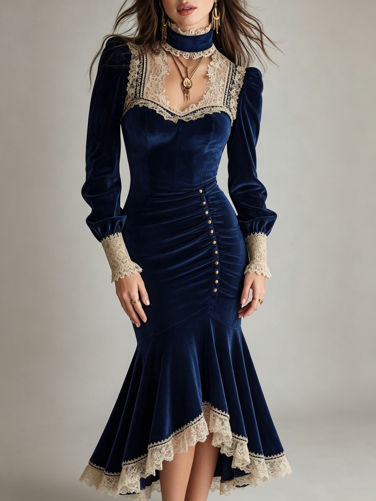 Navy Velvet Lace Trim Mermaid Dress