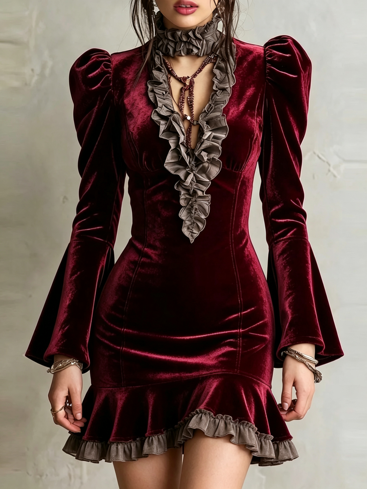 Burgundy Velvet Ruffle Bell Sleeve Mini Dress