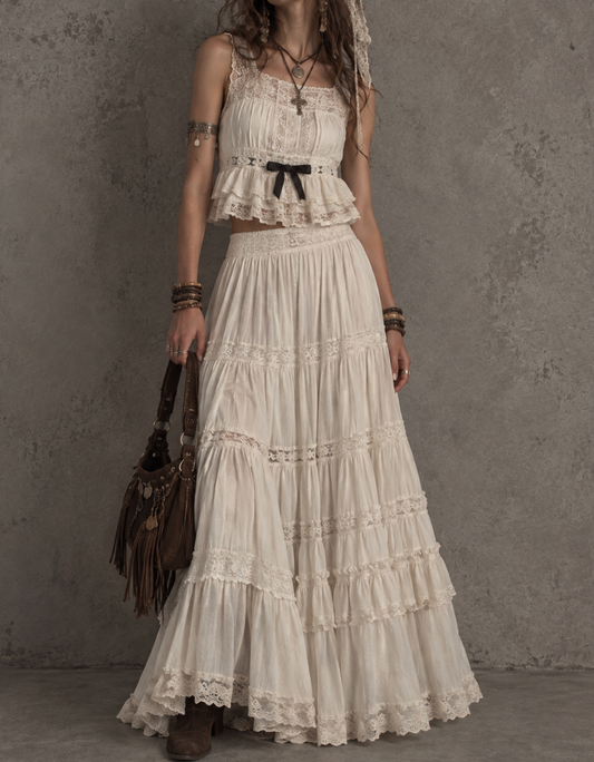 Cream Lace Ruffle Tiered Maxi Skirt