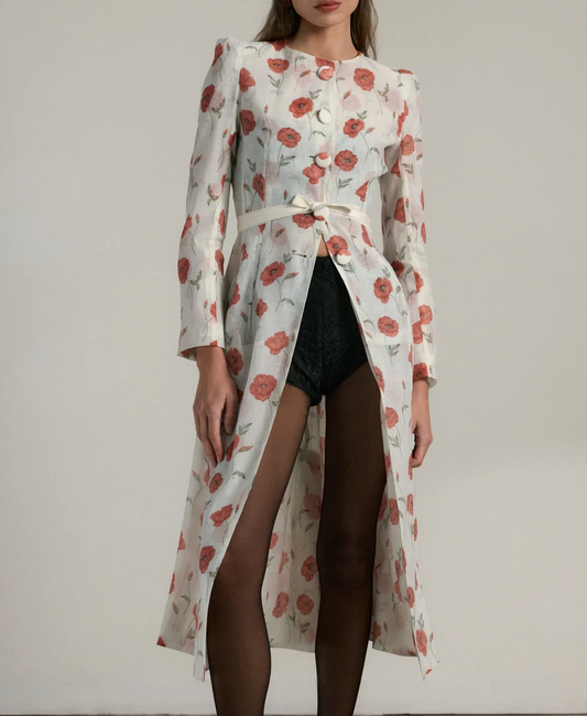 Cream Floral Print Split Front Midi Dress