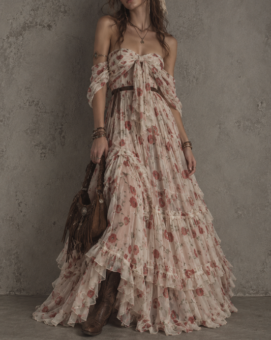 Cream Floral Chiffon Tiered Maxi Dress