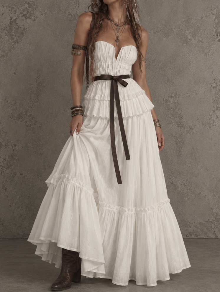Cream Strapless Ruffle Tiered Maxi Dress