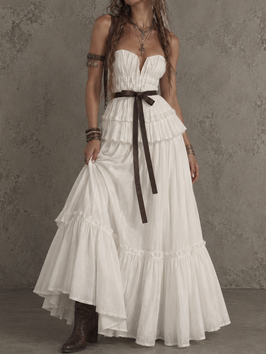 Cream Strapless Ruffle Tiered Maxi Dress