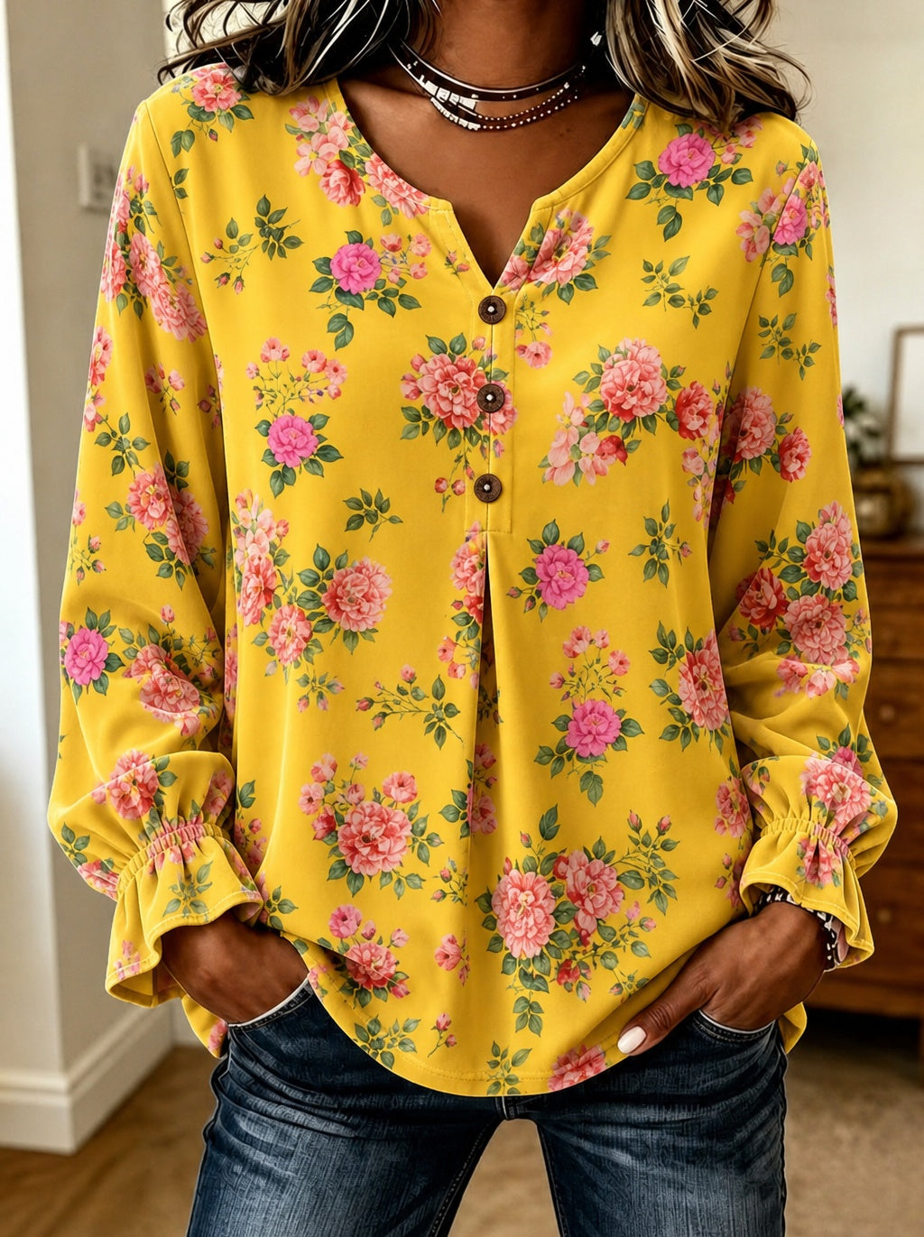Yellow Floral Button-Down Blouse