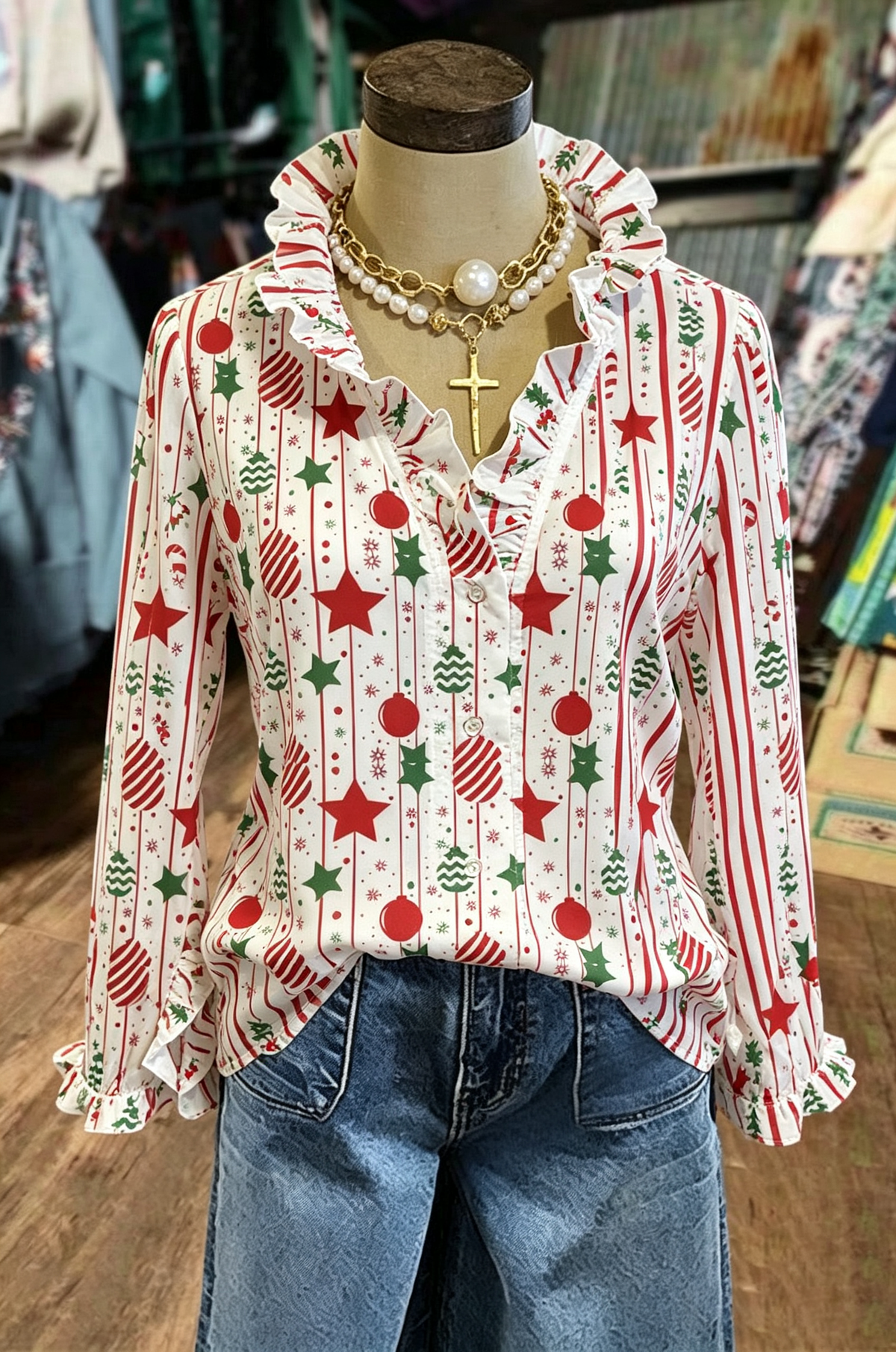 Cream Christmas Tree Print Button-Down Blouse