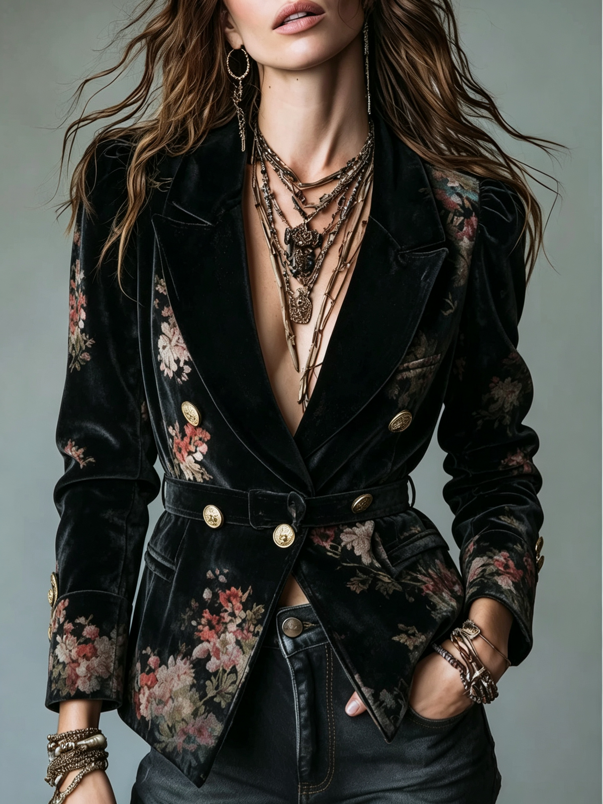 Black Floral Velvet Blazer