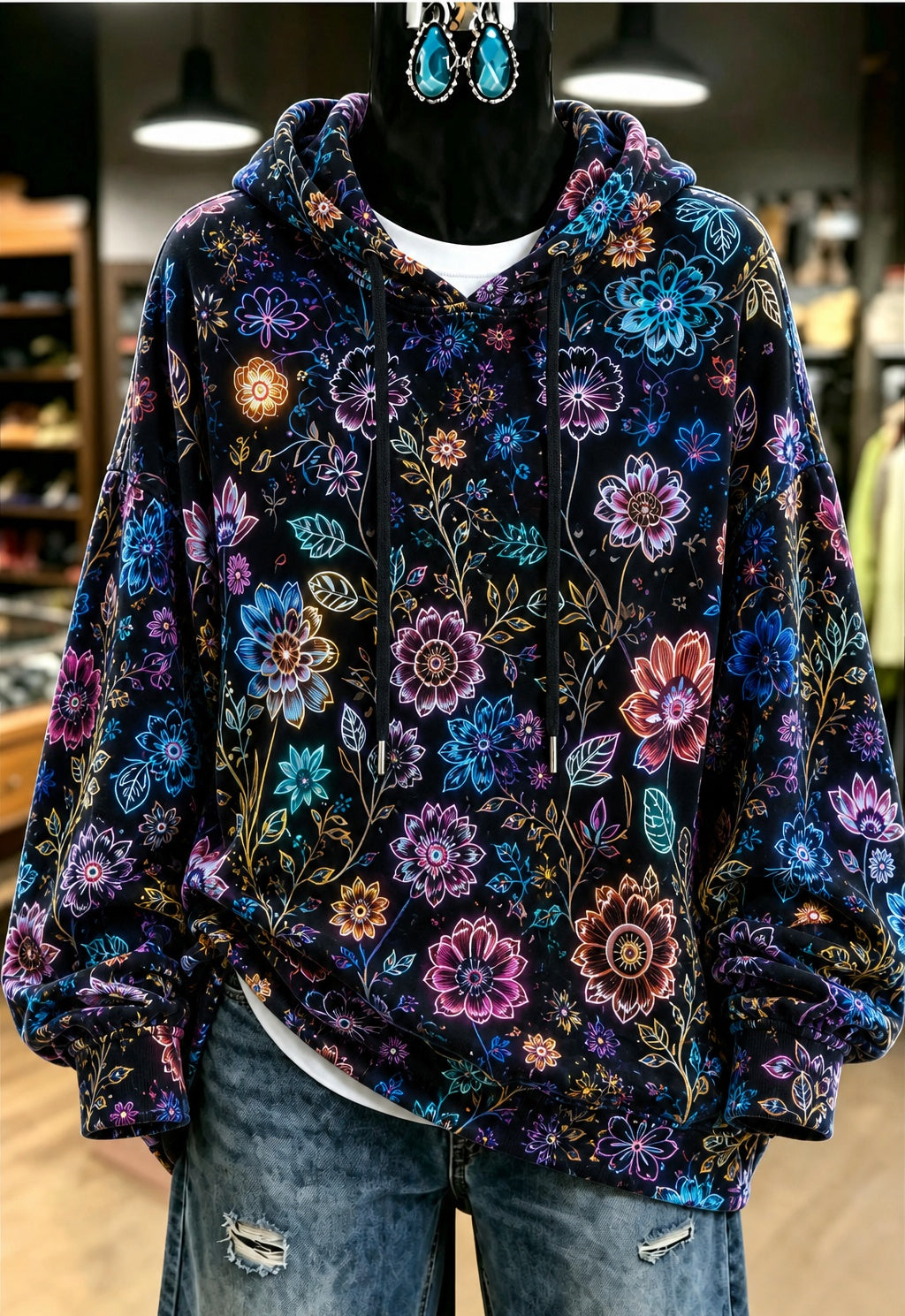 Black Neon Floral Print Hoodie