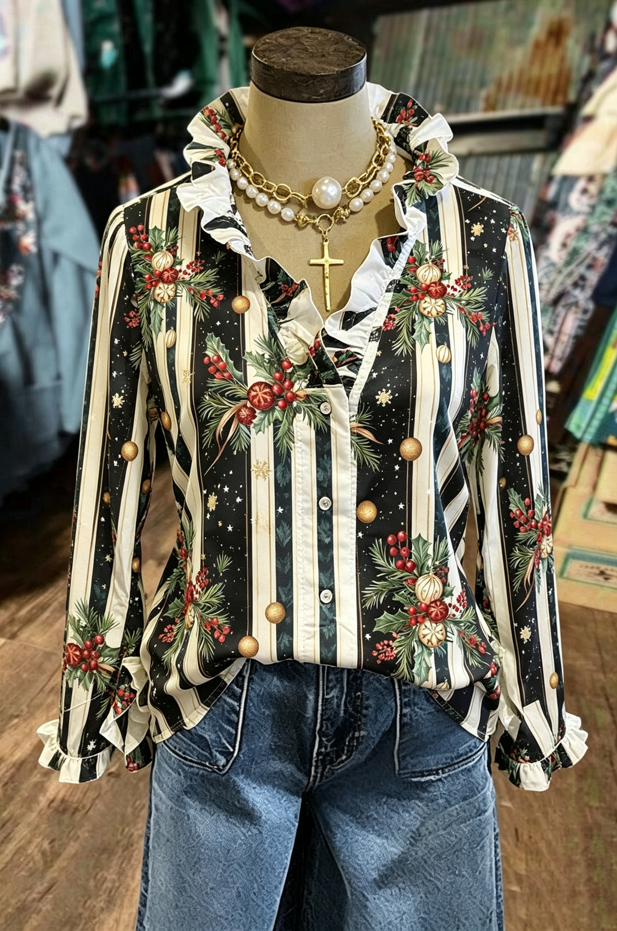 Black Gold Christmas Stripe Blouse
