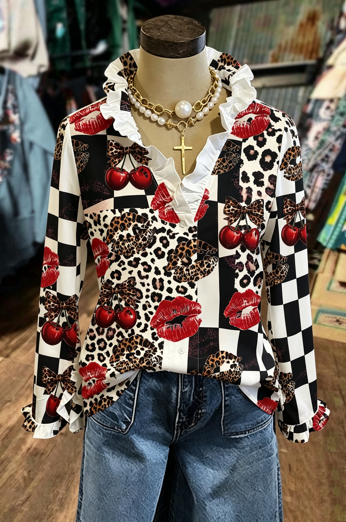 Multicolor Leopard Cherry Check Blouse