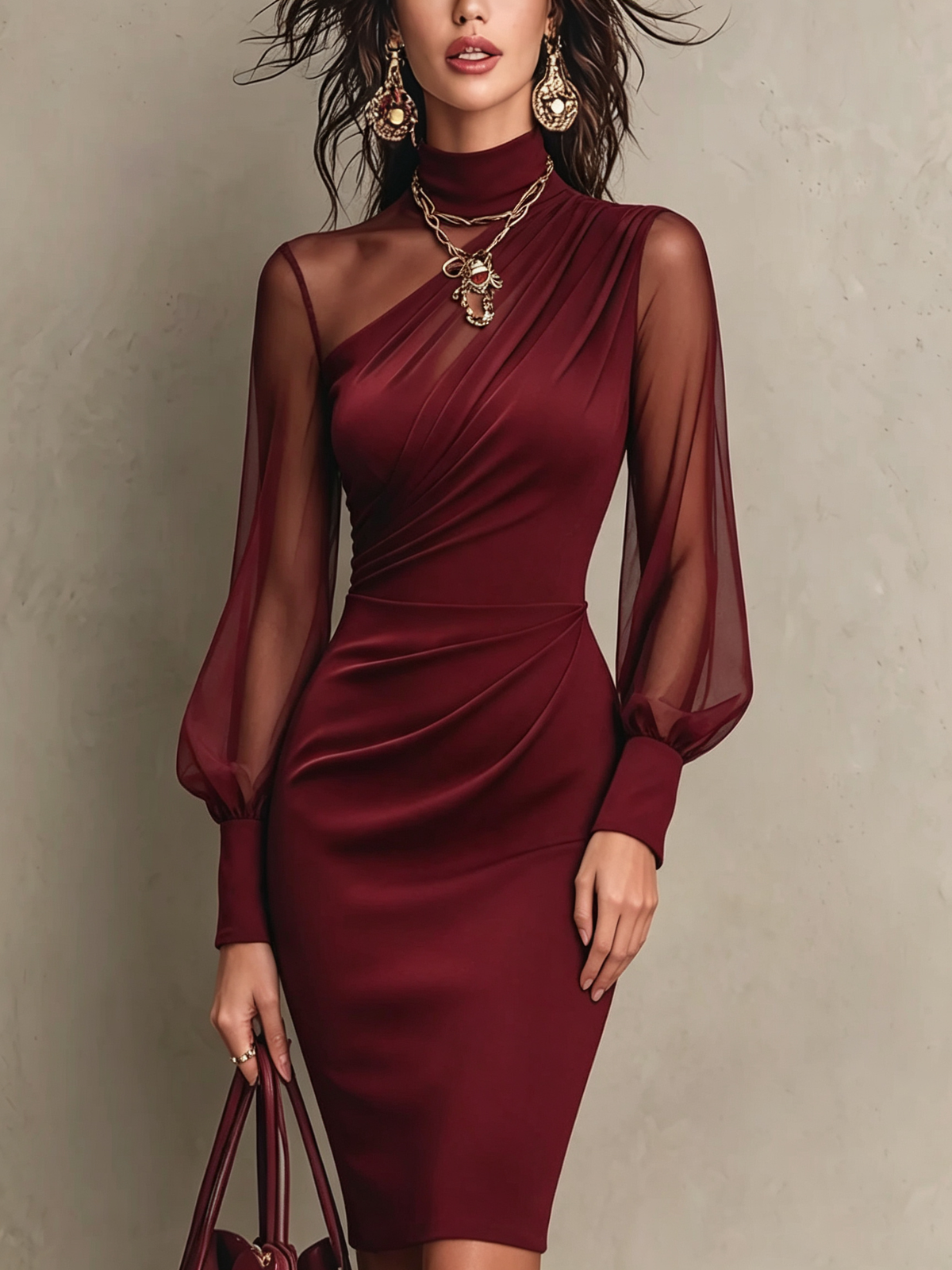 Burgundy Velvet Sheer Sleeve Midi Dress