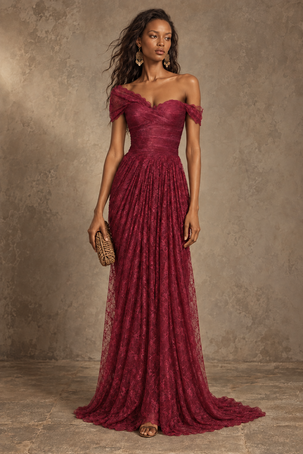 Burgundy Lace Off-Shoulder Maxi Dress
