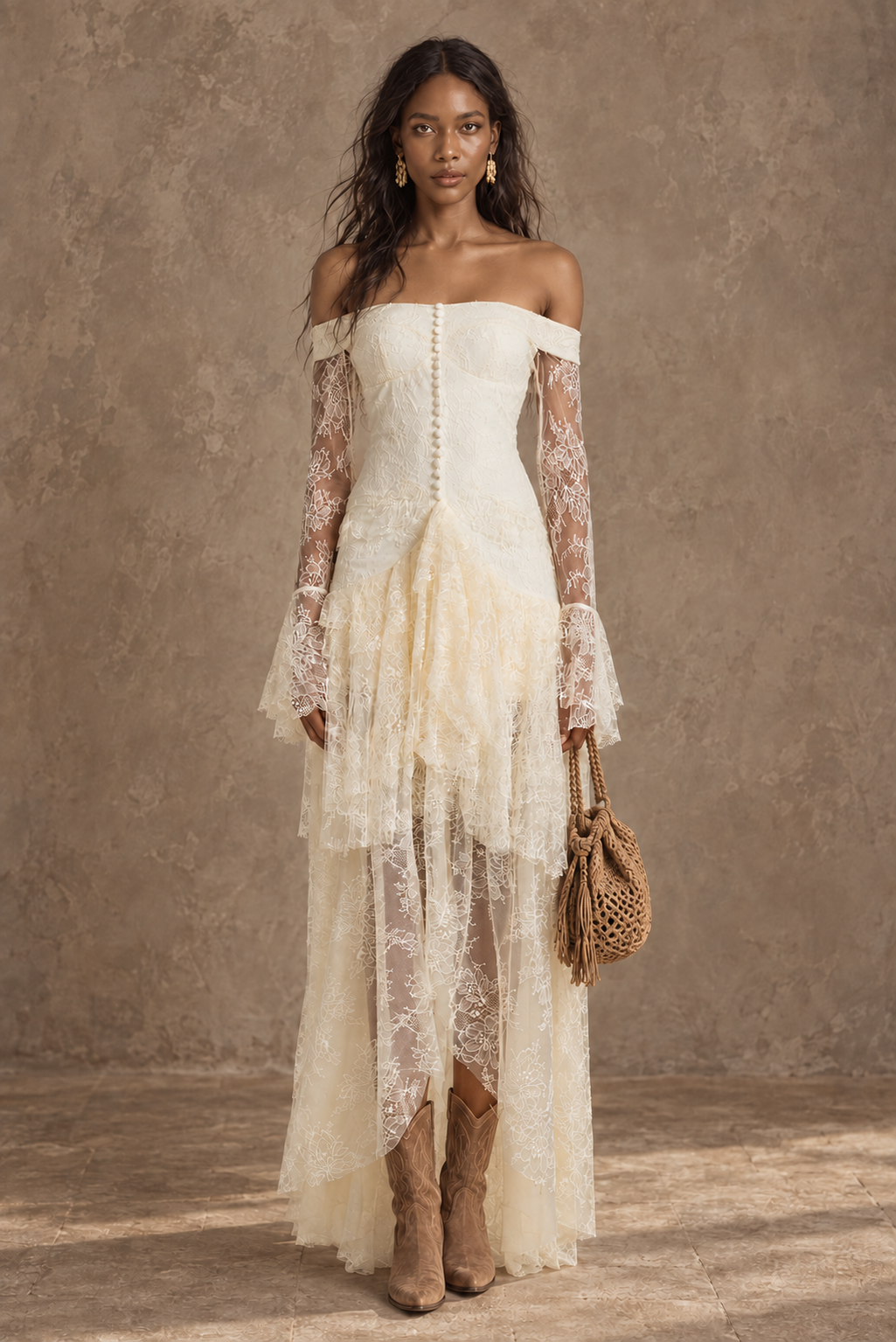 Cream Lace Off-Shoulder Maxi Dress