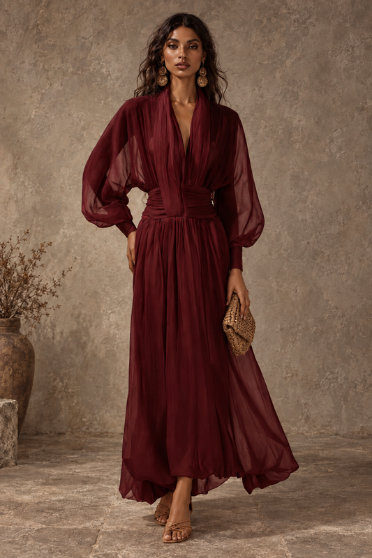 Burgundy Sheer Pleated Maxi Dress