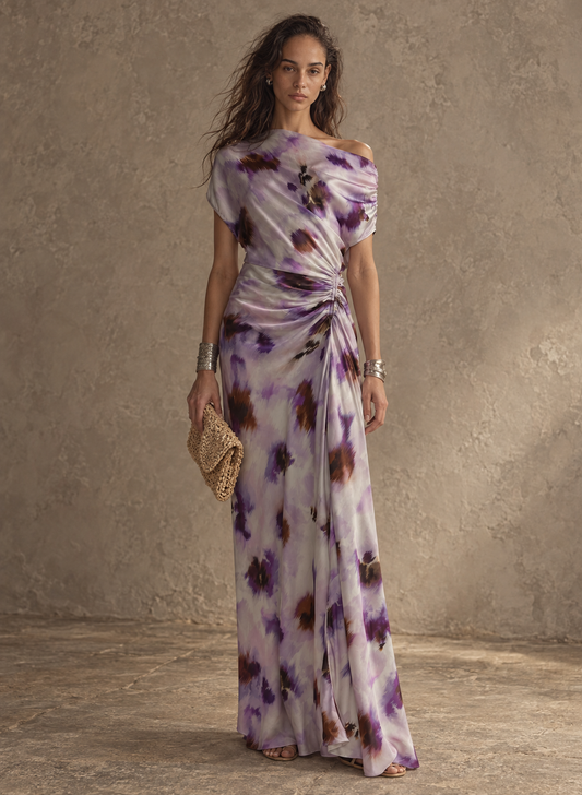 Purple Tie Dye Draped Maxi Dress
