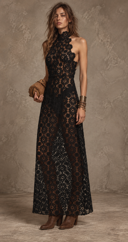 Black Floral Lace Halter Maxi Dress