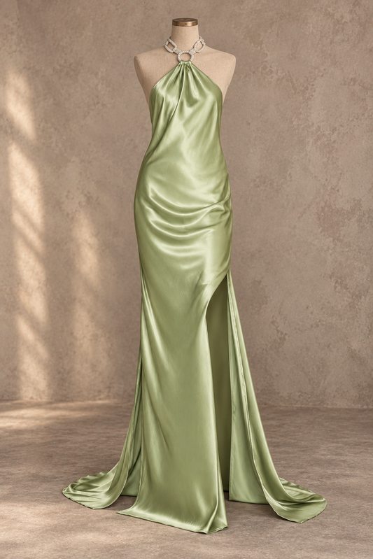 Sage Green Satin Halter High Slit Maxi Dress