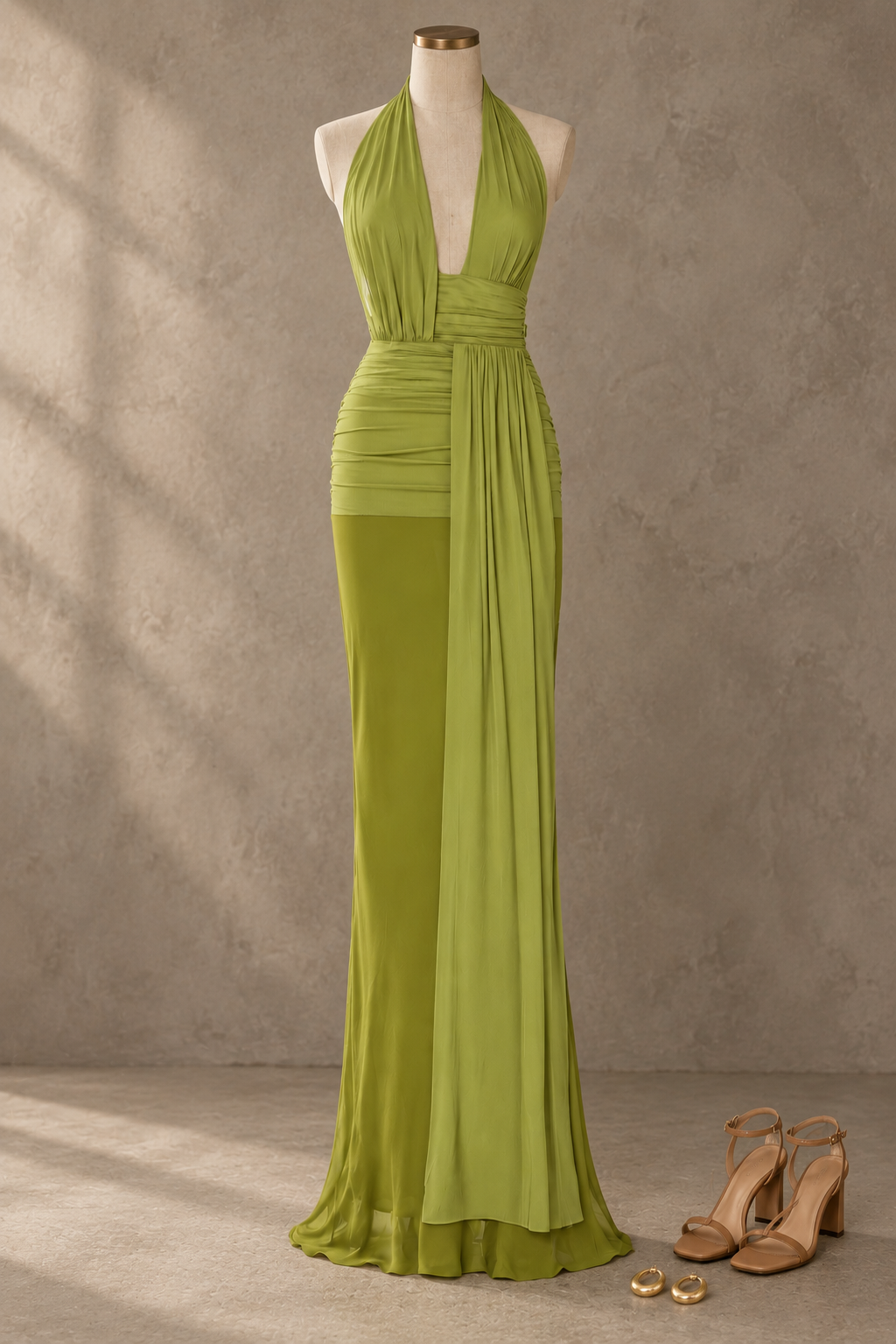 Lime Green Satin Halter High Slit Maxi Dress