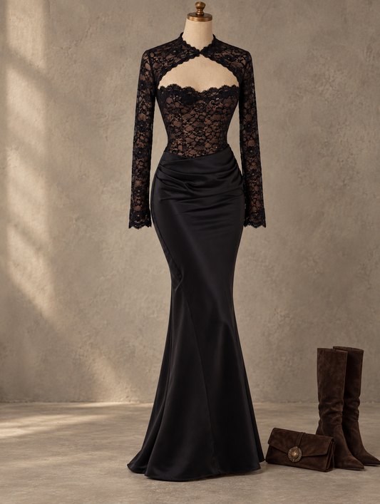 Black Lace Satin Mermaid Maxi Dress