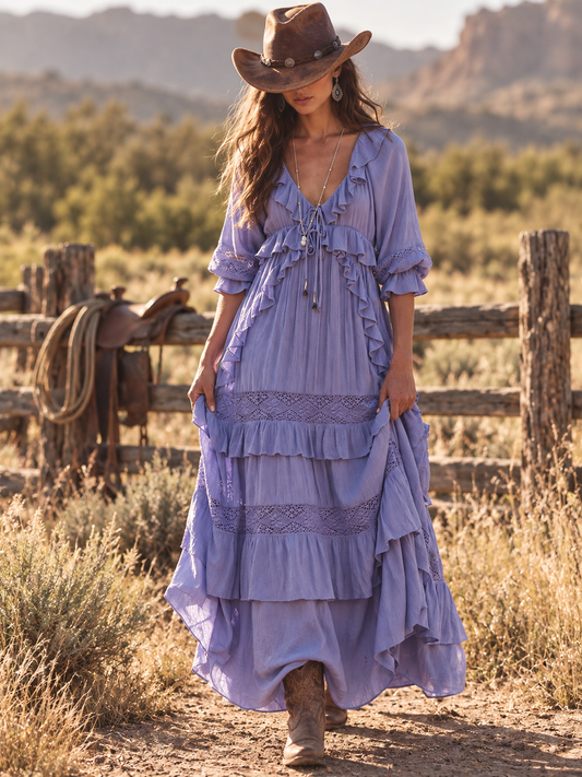 Lavender Tiered Ruffle Western Maxi Dress
