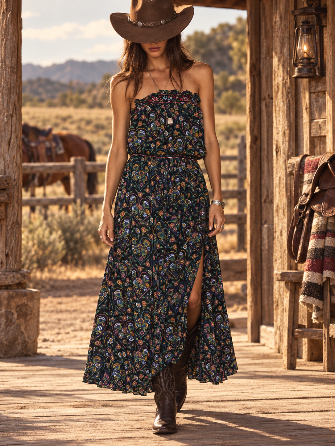 Navy Floral Print Strapless Maxi Dress