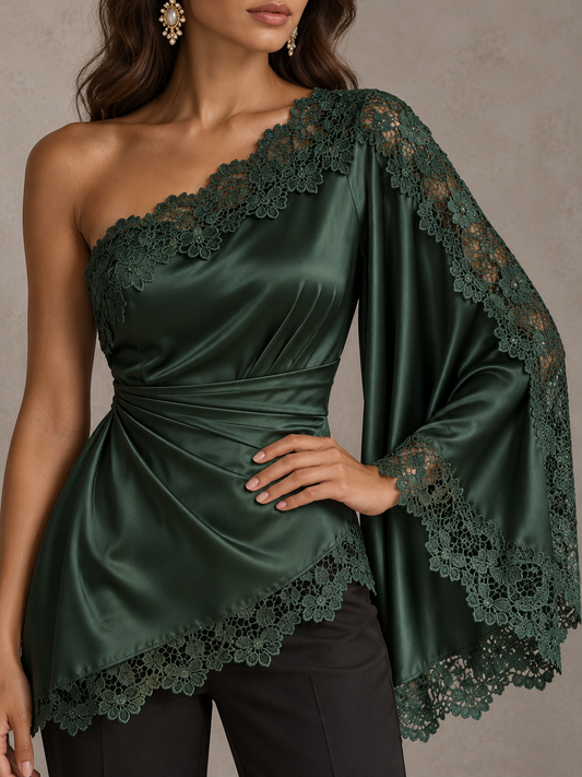 DarkGreen Satin Lace Trim One Shoulder Blouse