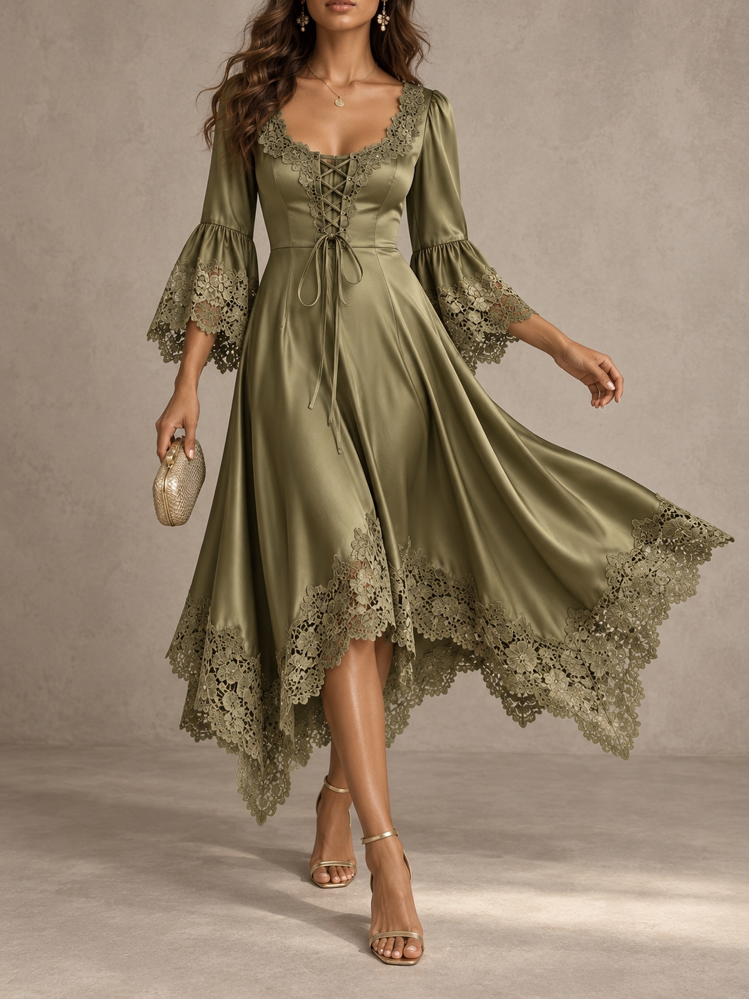 Olive Satin Lace Trim Lace Up Bell Sleeve Midi Dress