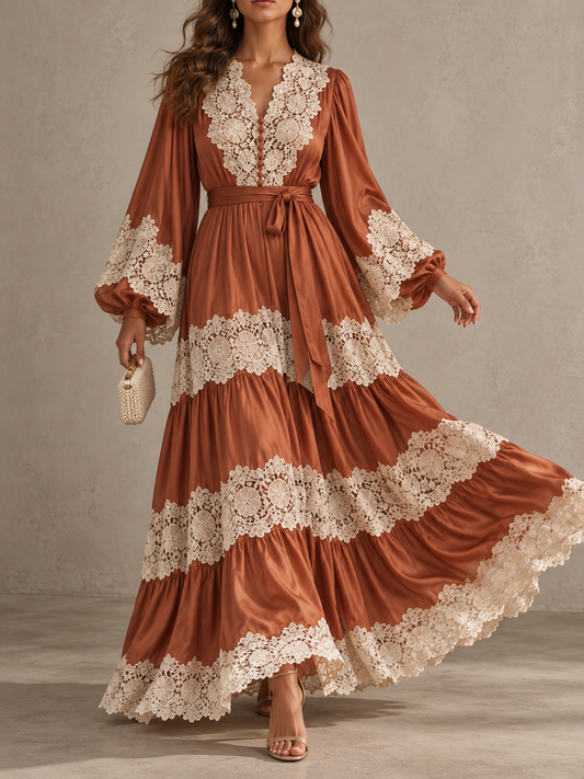Rust Satin Lace Trim Long Sleeve Tiered Maxi Dress