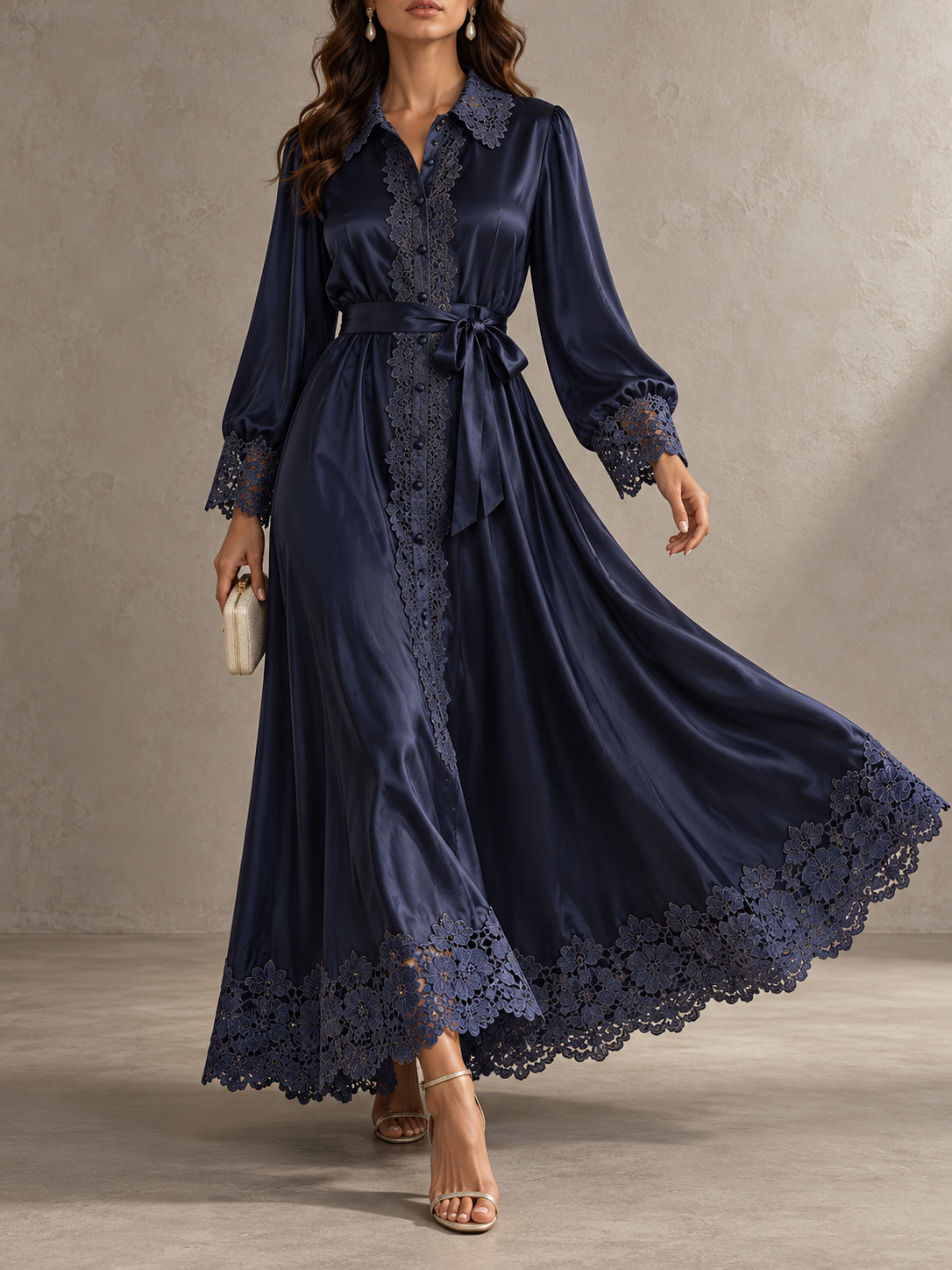 Navy Satin Lace Trim Long Sleeve Midi Dress