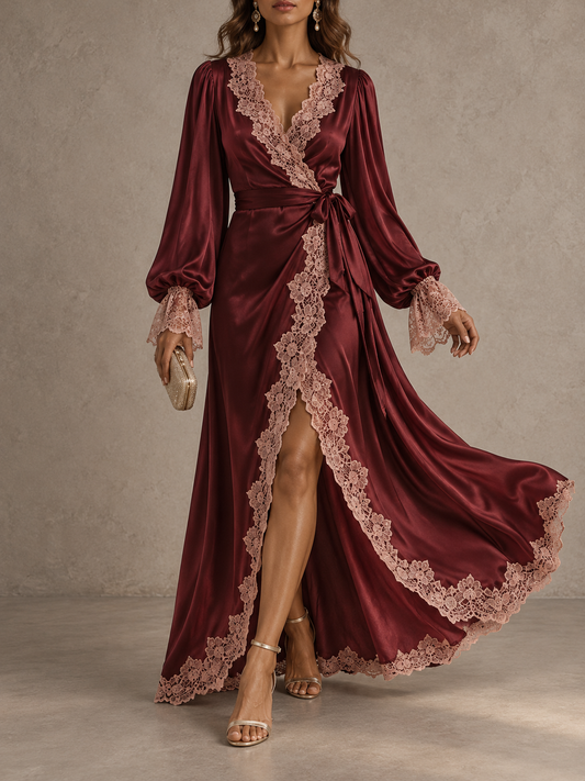 Burgundy Satin Lace Trim Long Sleeve Wrap Maxi Dress