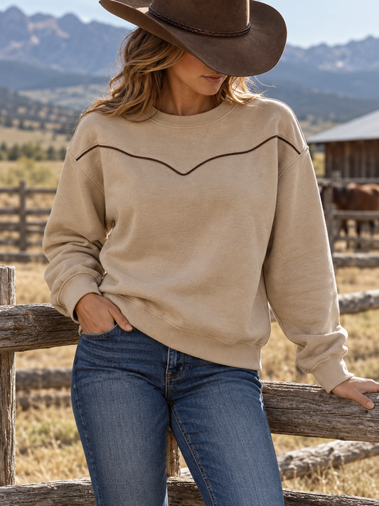 Beige Western Yoke Detail Pullover Sweatshirt