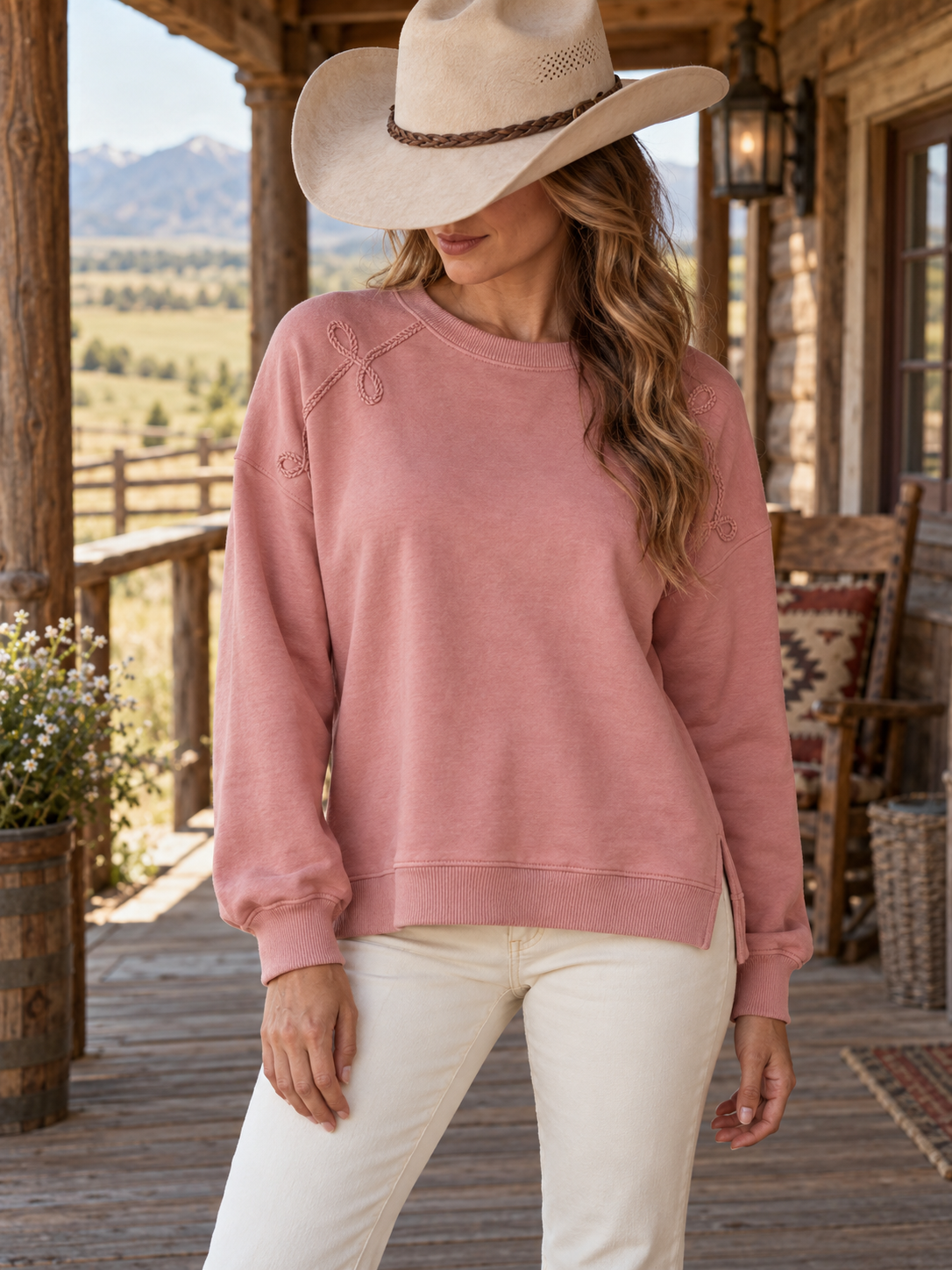 Pink Crewneck Sweatshirt with Embroidered Detail