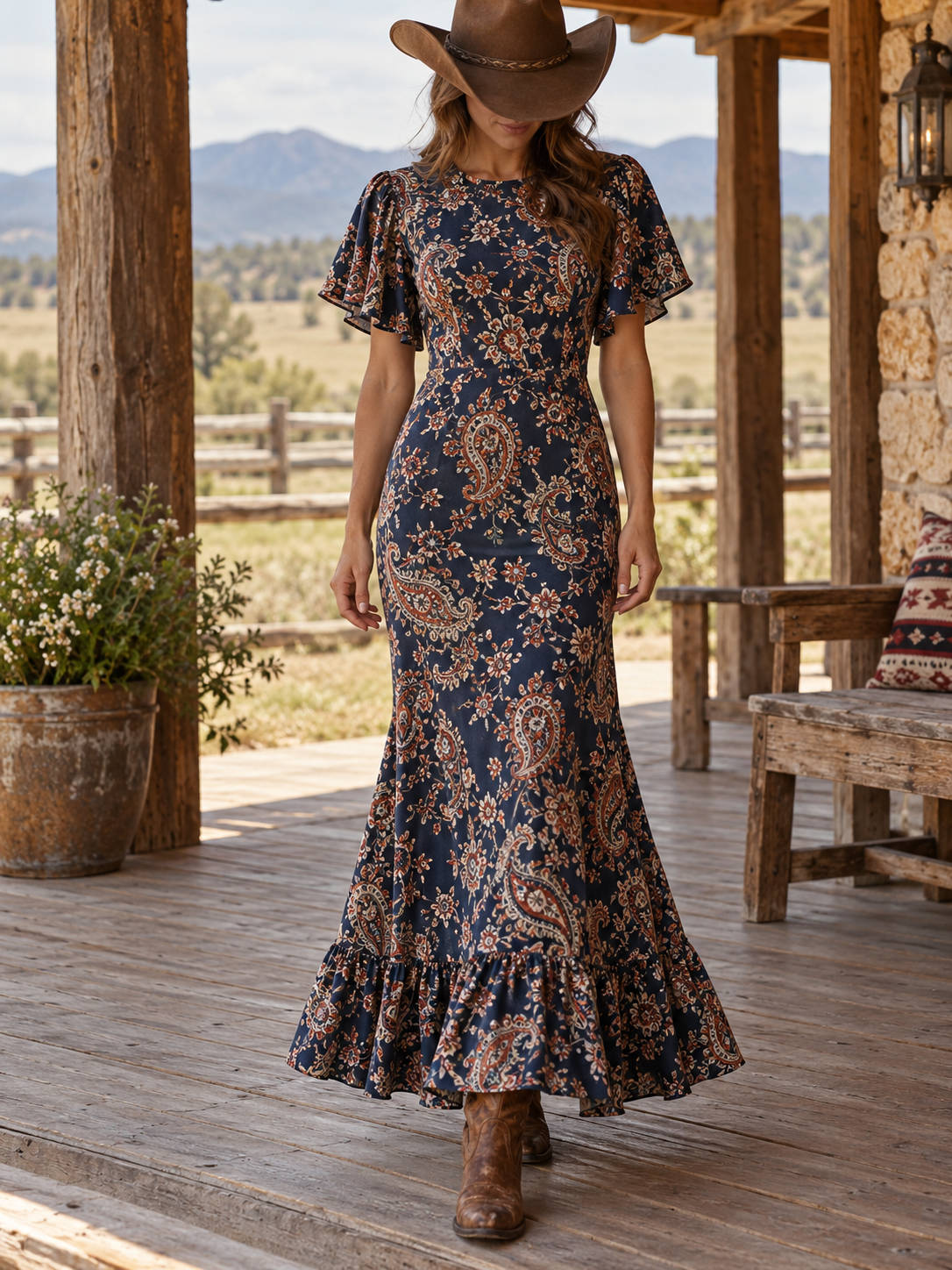 Navy Paisley Print Ruffle Sleeve Maxi Dress