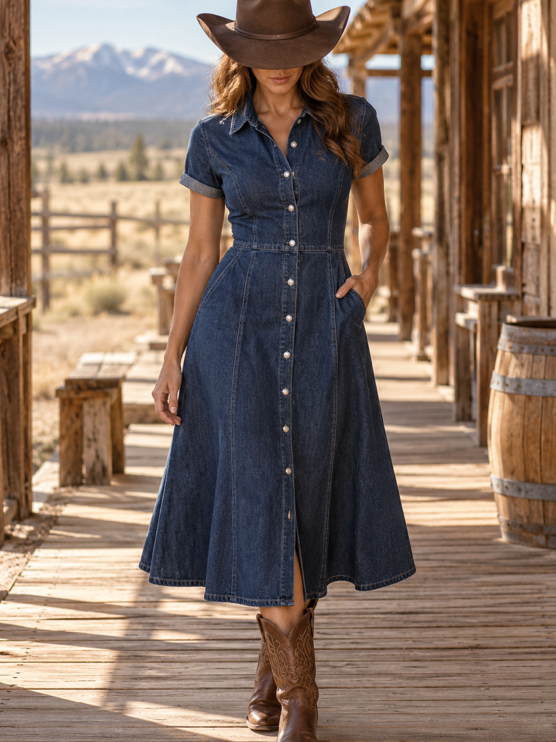 Blue Denim Button Front Midi Dress