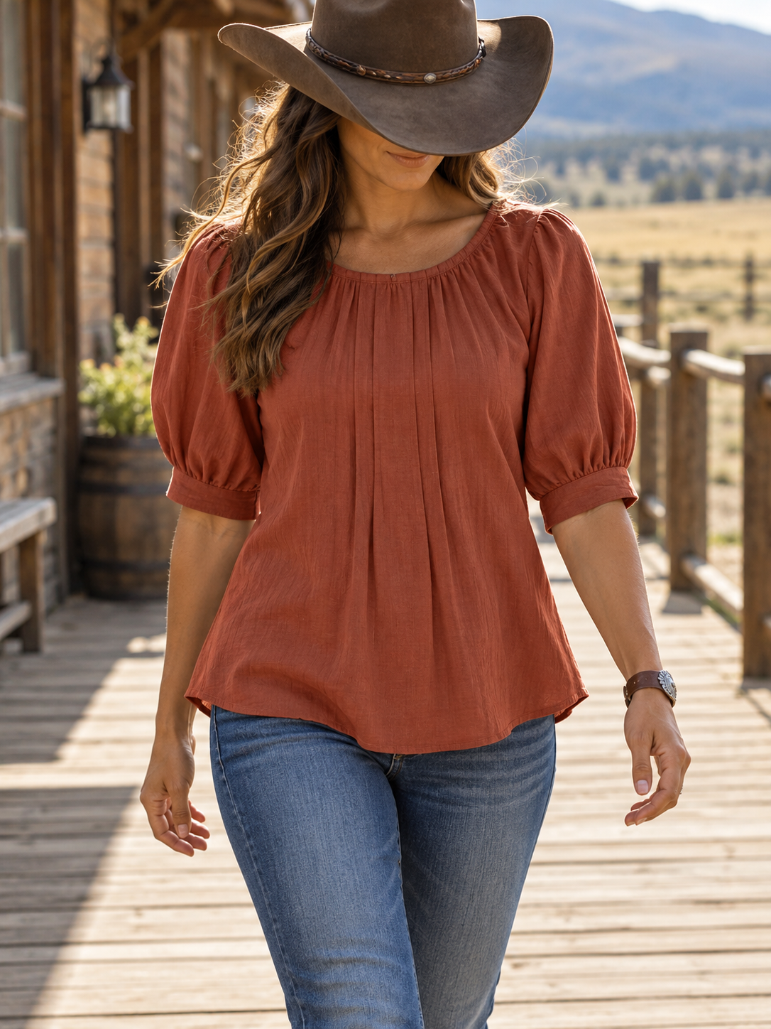 Rust Scoop Neck Half Sleeve Peasant Blouse