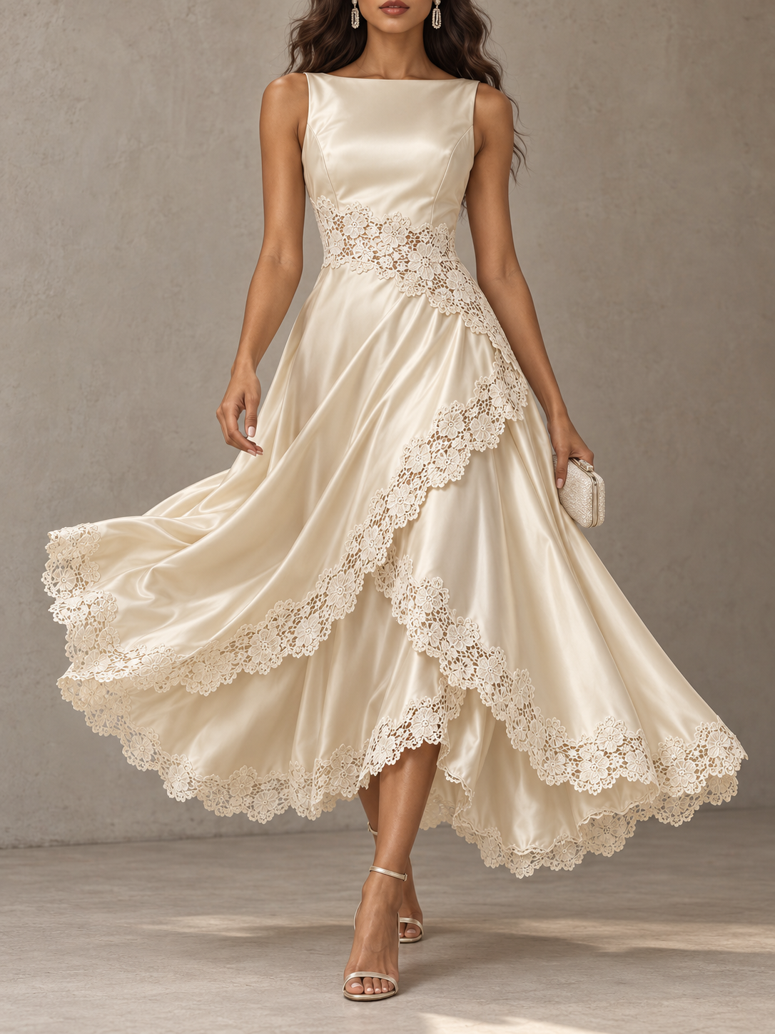 Champagne Satin Lace Trim Sleeveless Midi Dress