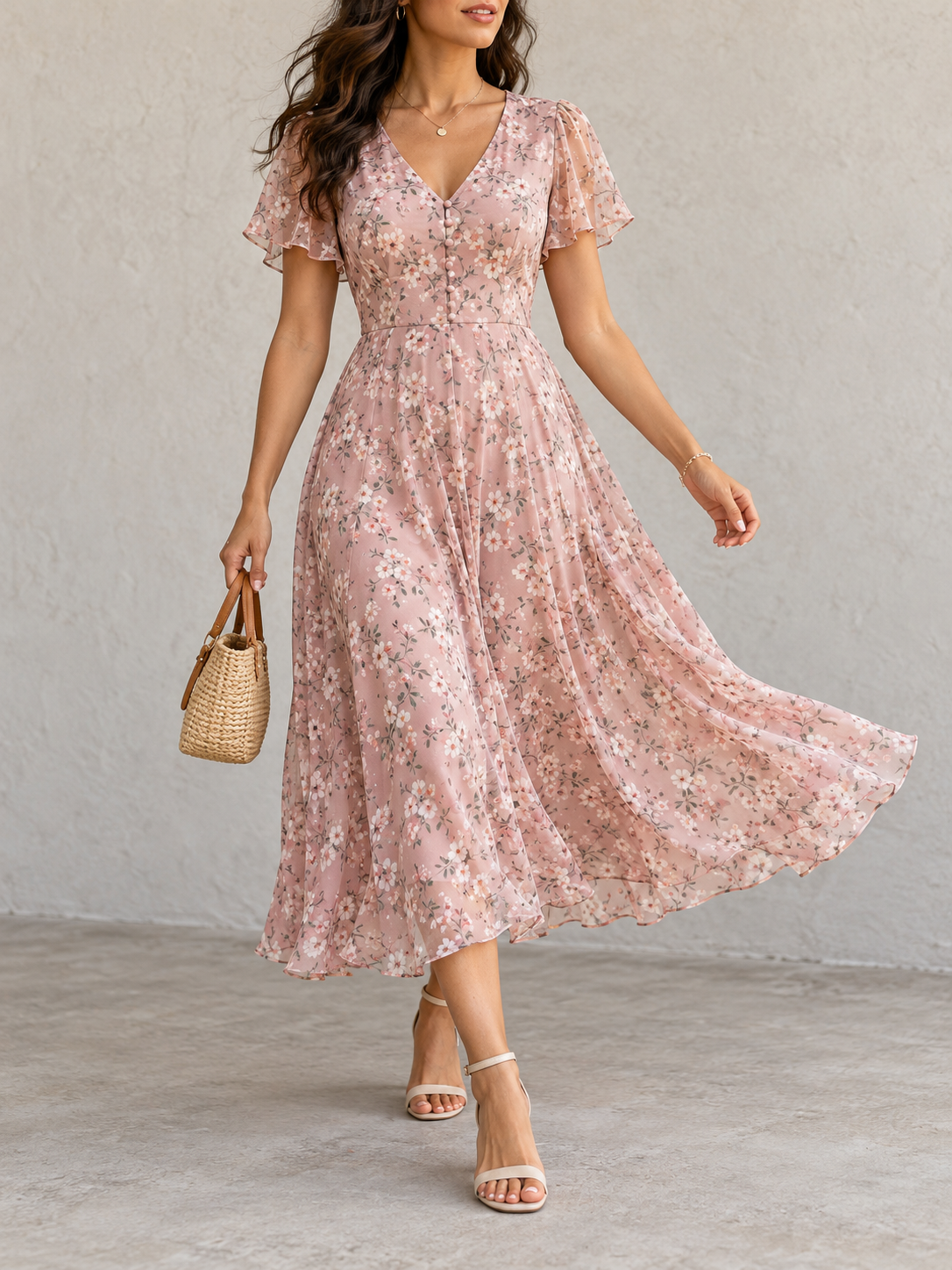 Pink Floral Print Ruffle Sleeve Midi Dress