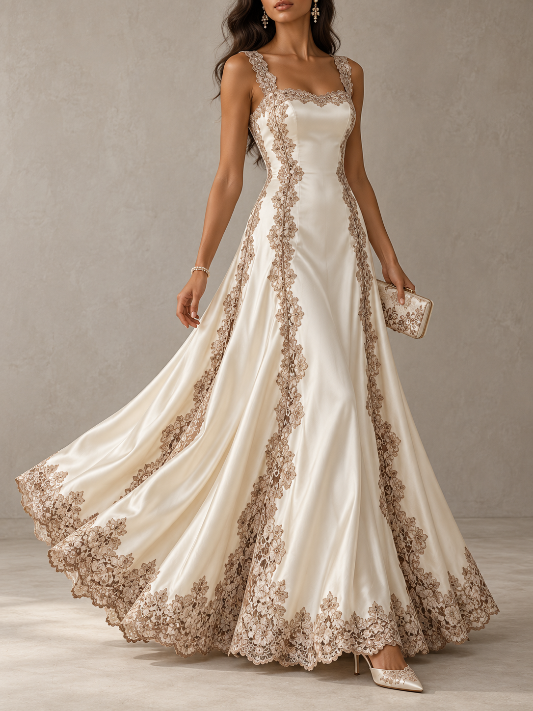 Cream Satin Lace Trim Sleeveless Maxi Dress
