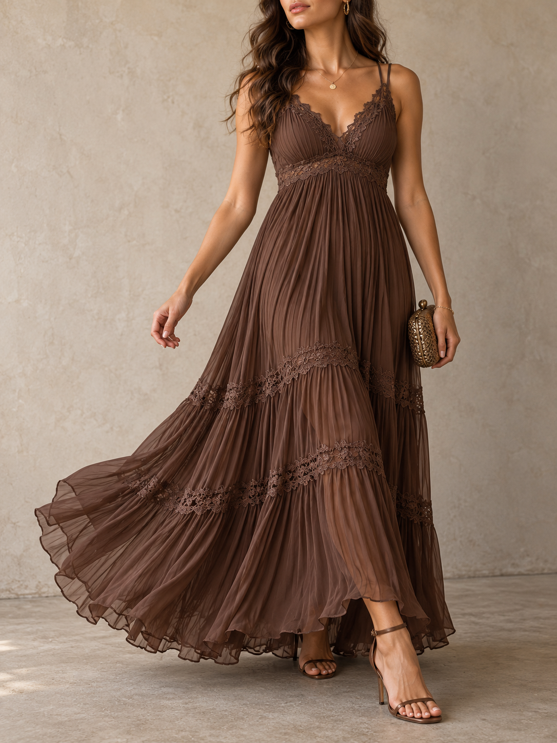 DarkBrown Lace Trim Plisse Sleeveless Maxi Dress