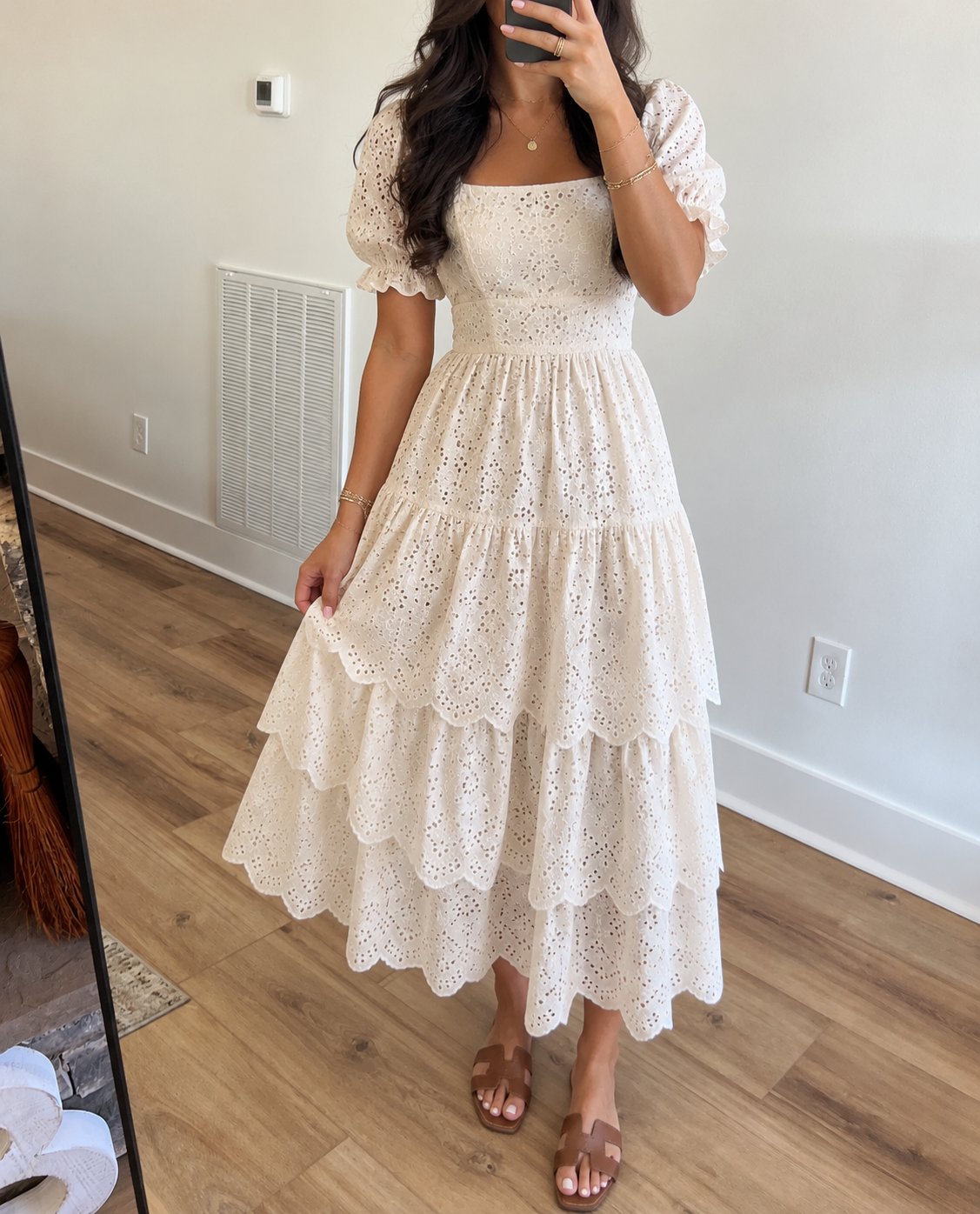 Cream Eyelet Tiered Puff Sleeve Midi Dress