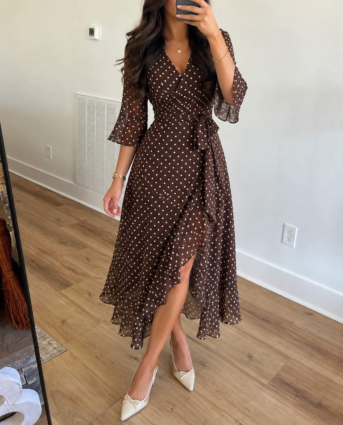 DarkBrown Polka Dot Wrap Midi Dress