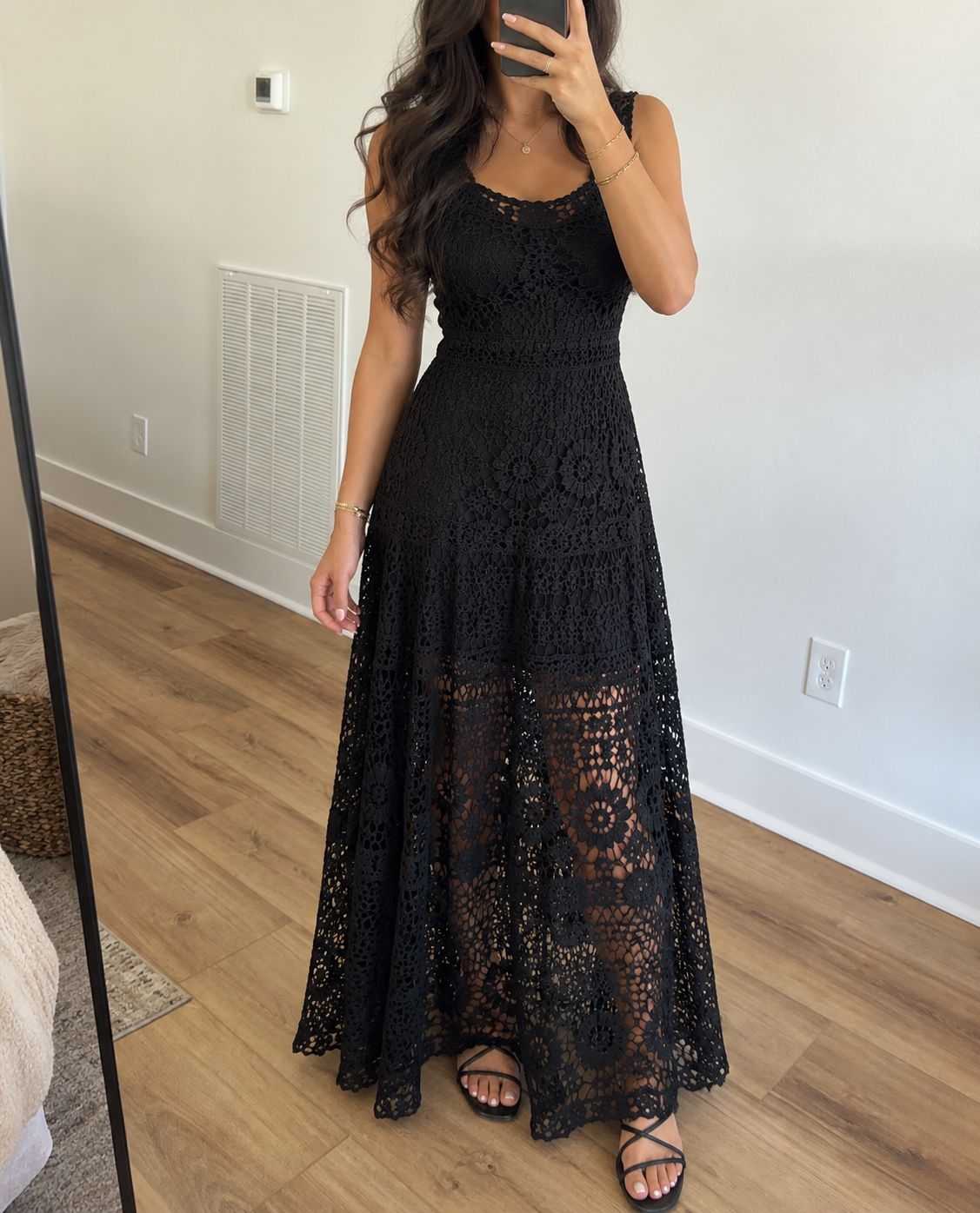 Black Crochet Lace Tiered Maxi Dress