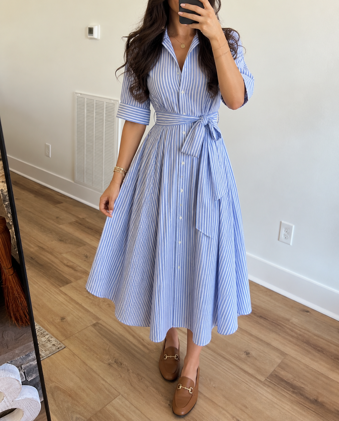 LightBlue Striped Button Front Midi Dress