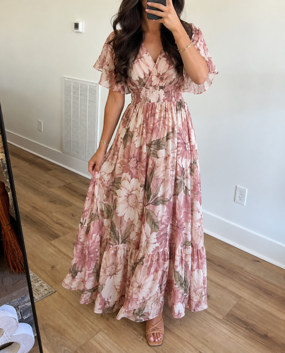 Pink Floral Print Ruffle Sleeve Tiered Maxi Dress