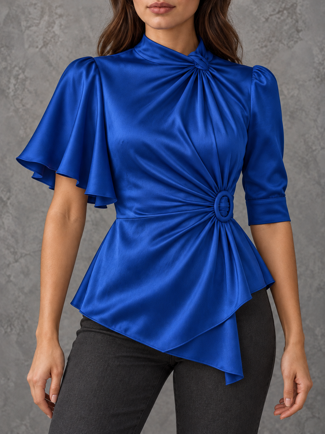 RoyalBlue Satin High Neck Draped Blouse
