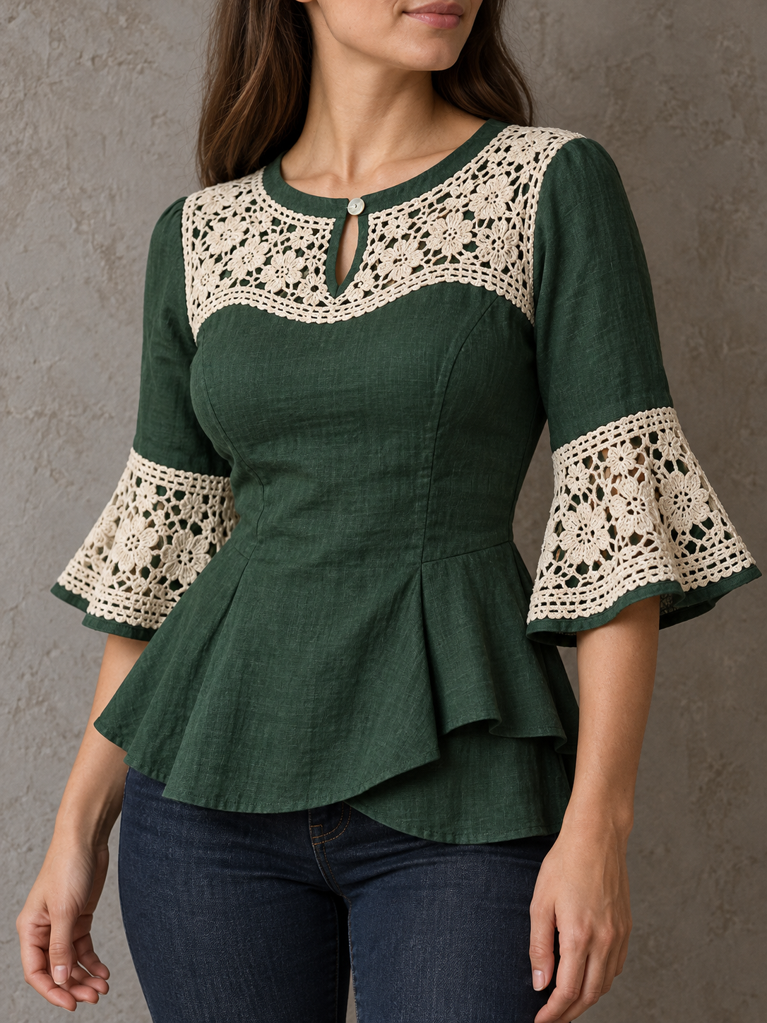 DarkGreen Crochet Lace Trim Peplum Blouse