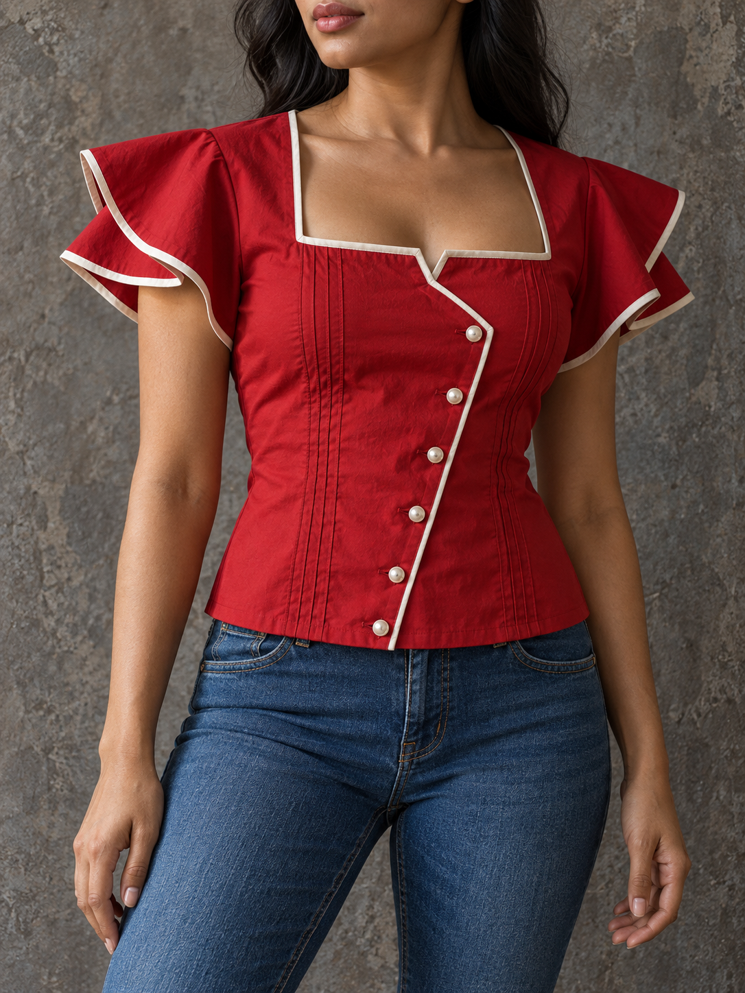 Red Contrast Piping Ruffle Short Sleeve Top
