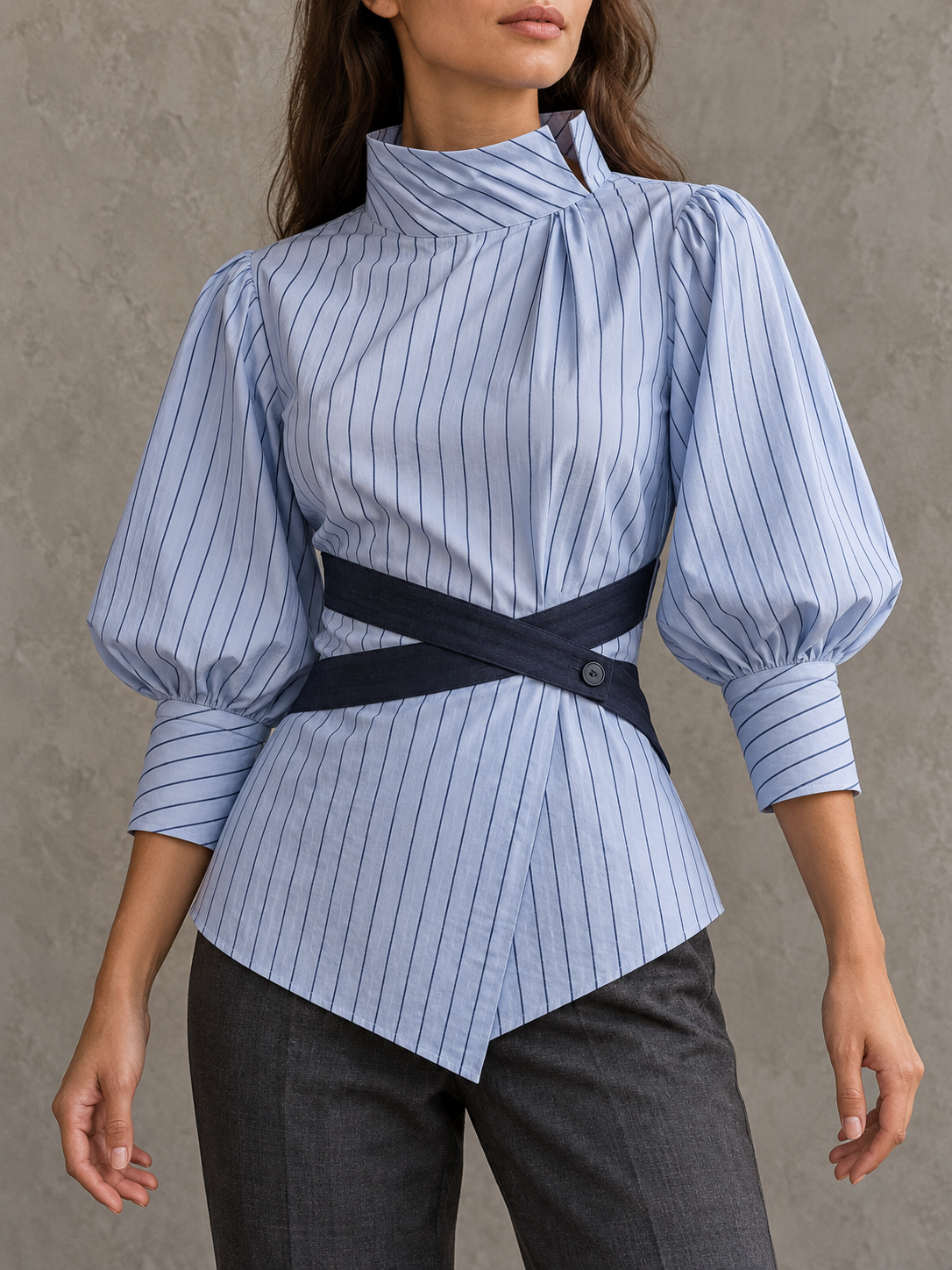 LightBlue Pinstripe High Neck Wrap Blouse